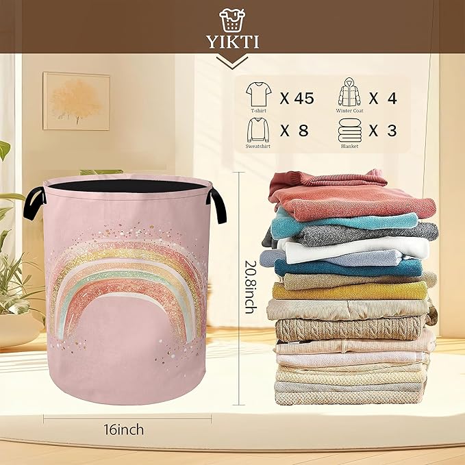 Glitter Rainbow Laundry Hamper,Girls Princess Pink Clothes Hamper for Laundry,Waterproof Oxford Toy Storage Collapsible Hampers for Bedroom, Dorm Room,Bathroom,16x20 Inch