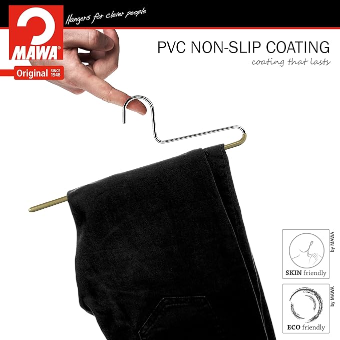 Mawa by Reston Lloyd Non-Slip Space Saving Clothes Hanger with Single Rod for Pants, Style KH/1, Set of 30, Gold