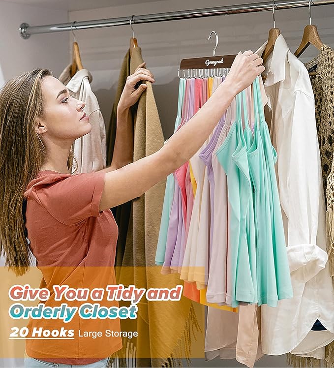 Bra Hanger for Closet, 1 Pack Tank Top Hanger w/20 Hooks Capacity Foldable Wood Space Saving Hangers, 360°Rotating Closet Organizers and Storage for Dorm & Apartment for Bra Scarf Ties(Brown)