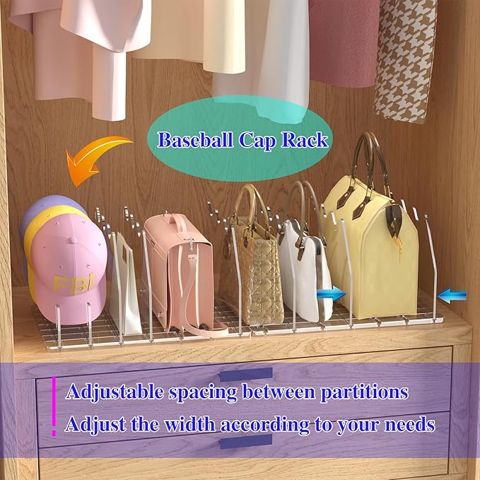 purse organizer for closet Sleek Transparent Acrylic Adjustable Organizer -shelf dividers Multifunctional for Home & Office Spaces (4 Baffles + 1 Hat Stand)