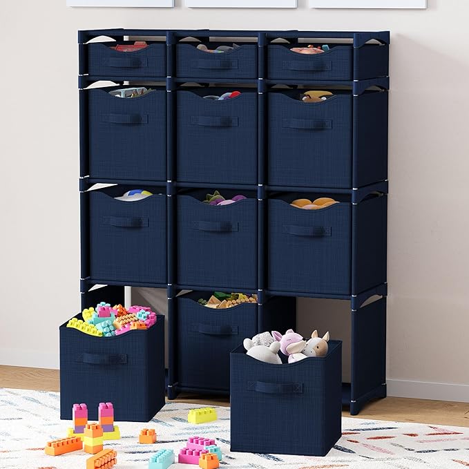 12 Cube Storage Organizer With Bins Included - Closet Storage With 12 Storage Bins - Easy To Assemble Storage Unit With Drawers - Closet Organization For Clothes, Bedroom, Nursery, & Toys (Navy)