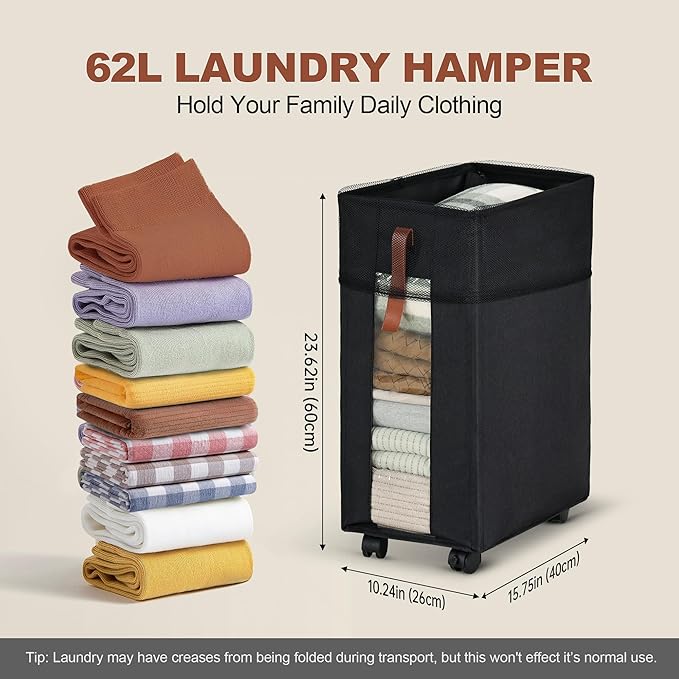 Laundry Hamper with Wheels, 62L Rolling Laundry Basket with Visible Clear Window Collapsible Dirty Clothes Hampers for Laundry Room Bedroom Dorm RV,Black