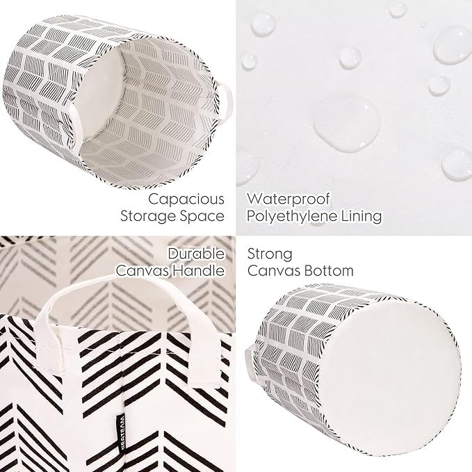 Sea Team 19.7 Inches Large Sized Waterproof Coating Ramie Cotton Fabric Folding Laundry Hamper Bucket Cylindric Burlap Canvas Storage Basket with Stylish Fishbone Black Design