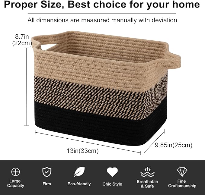OIAHOMY Woven Storage Basket for Shelves, Rectangle Cotton Rope Baskets for Organizing, 13 x 10 x 9 in, Storage Bins for Dog Toys,Towel,Books,Gift,Gradient Black Brown