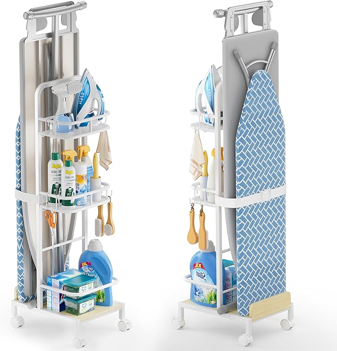 Ironing Board Hanger,Iron and Ironing Board Holder No Wall Mount,Laundry Room Organization and Storage Cart with Iron Stand,Narrow Laundry Shelves Organizer Cabinet,Laundry Room Essentials Accessories