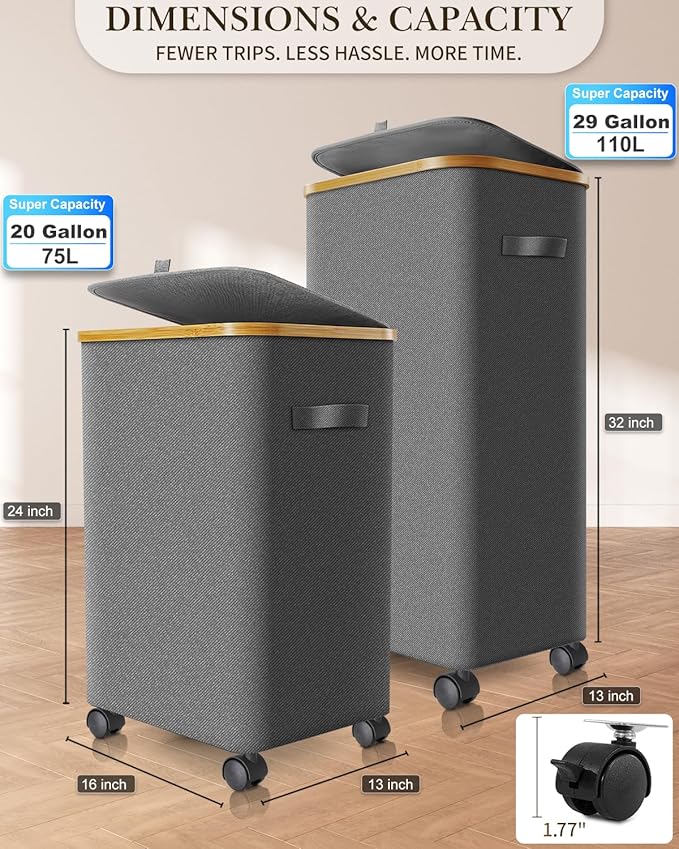 Laundry Hamper with Wheels, 110L Large Clothes Hamper with Removable Inner Bag, Collapsible Dirty Clothes Basket for Dorm, Rolling Dirty Clothes Basket for, Bedroom, Bathroom, Laundry Room