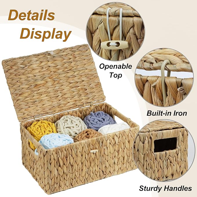 Set of 2 Wicker Basket with Lid, Rectangular Water Hyacinth Storage Baskets for Organizing, Decorative Woven Basket Bins Boxes for Organizing Home