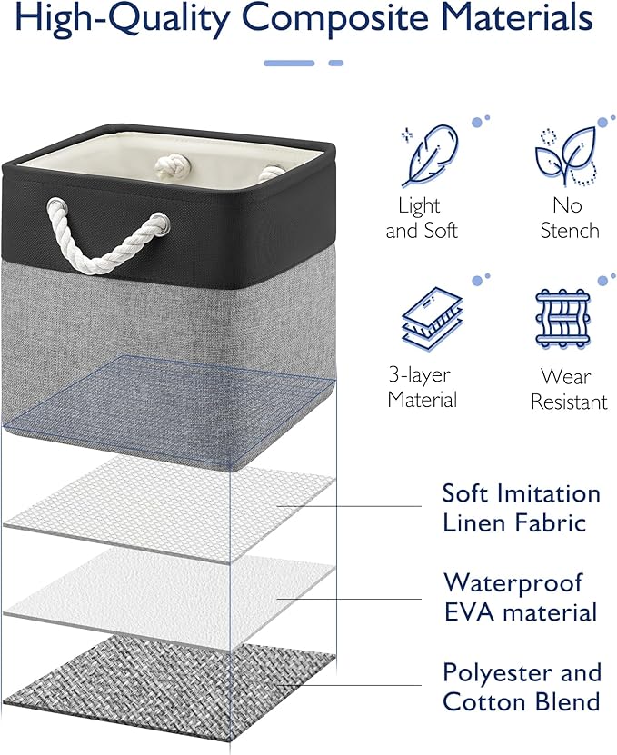 11 Inch Cube Storage Bins, 4 Pack Fabric Storage Cubes with Rope Handles, Organizer Baskets for Closet Shelves, Clothes and Home Organization(Dark/Gray)