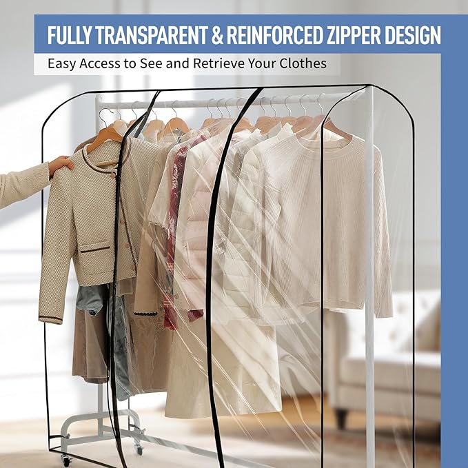 Clear Garment Rack Cover 63" L x 20" W x 60" H, Clothes Rack Cover with Reinforced Double Zippers, Waterproof PEVA Dustproof Protection – Cover Only, Rack Not Included