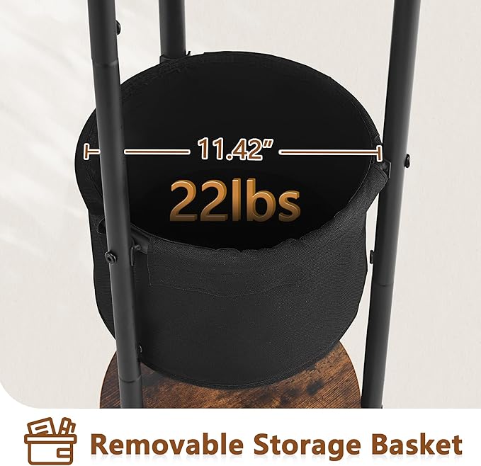 Hoctieon Coat Rack Freestanding, Round Coat Rack with 3 Wooden Shelves and 1 Fabric Basket, Metal Clothes Tree with 5 Hooks, Coat Hanger Stand for Clothes, Hats, Bags, Brown and Black