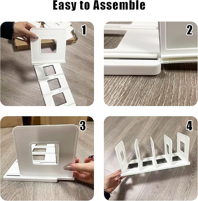 Adjustable Book Shelf Organizer 4 Section Vertical Plastic File Holder Book & Magazine Rack Folder Sorter Book Organizer for Office Home Closet & Handbag Storage (White)