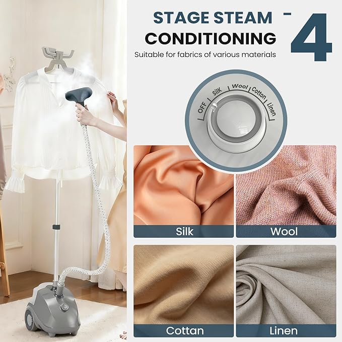 DUMOS Garment Steamer for Clothes Standing, 1500W Efficient Clothes Steamer Standing, 1.7L Water Tank for 55 Min Continuous Steaming with Wheels, Professional Fast Heating Wrinkle Remover