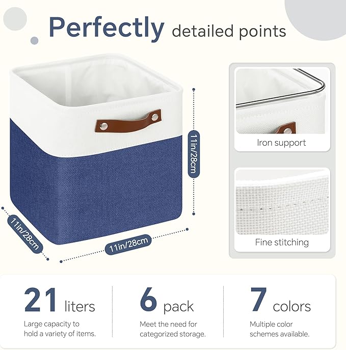 Cube Storage Baskets 6 Pack, 11x11 inch Cube Storage Bins with Leather Handles for Shelf Closet (White/ Blue)