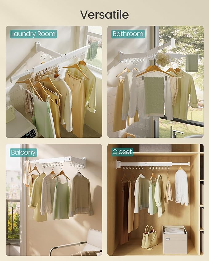 SONGMICS Clothes Drying Rack, Wall-Mounted Laundry Drying Rack, Extendable, Foldable Arms, with 21 Swivel Sliding Hooks, Space-Saving, for Laundry Room, Bathroom, Cloud White ULLR807W01
