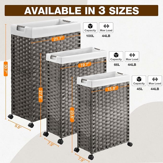 Greenstell Laundry Hamper with Wheels, 11.9 Gallon (45L) Small Clothes Hamper with 2 Removable Liner Bags & 2 Mesh Bags, Slim Rattan Laundry Basket for Bathroom, Bedroom, Grey