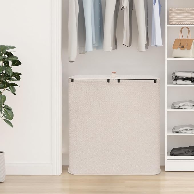 STORAGE MANIAC Double Laundry Hamper, 136L Laundry Sorter with Lid and Removable Bags, Clothes Hamper, Large 2 Section Clothes Basket with Handles for Small Space, Dorm, Closet, Bathroom, Beige