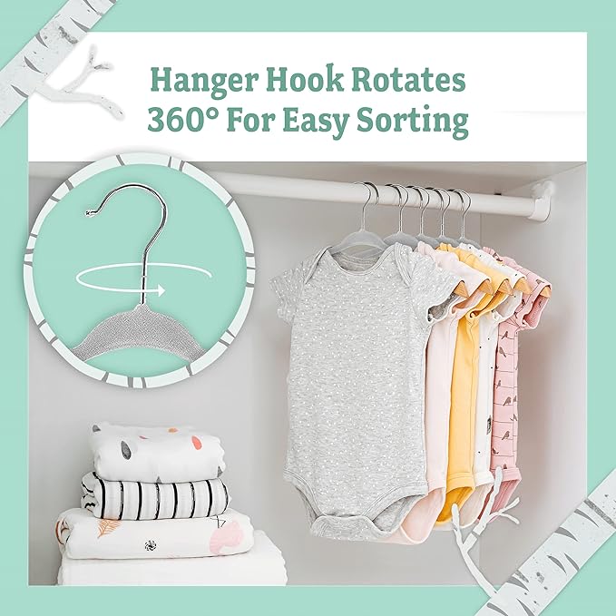 Baby Nest Designs Kids Plastic Velvet Hangers for Closet, Children Non-Slip Hangers Dividers for Nursery Closet Organizer, Grey - Pack of 15
