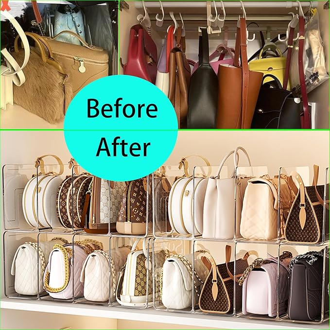 2 PCS Acrylic Purse Organizer for Closet, 8-Slot Bag & Purse Organizer, No Assembly, Clear Handbag Storage Shelf for Shelf Divider Handbags, Clothes, Sweater
