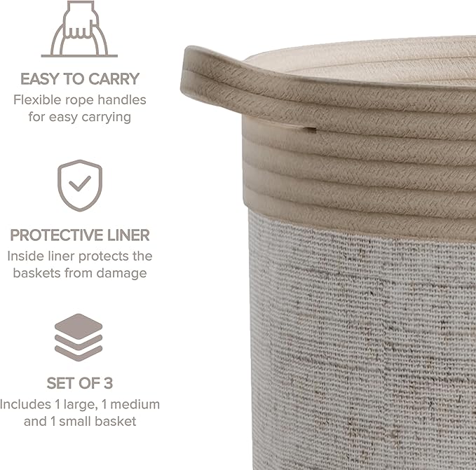 RGI Home Decorative Storage Baskets with Safari Animal Prints – Set of 3 Round Fabric Rope and Linen Organizer Bins for Nursery or Playroom, Multi-Sized with Easy-Carry Handles, Ivory, Tan, and Linen