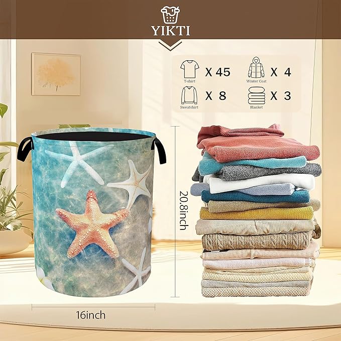 Laundry Hamper,Sea Starfish Laundry Basket,Beach Flowers Portable Collapsible Laundry Room Organization Storage for Dorm Room,Nursery,Bathroom,Bedroom,16x20 Inch