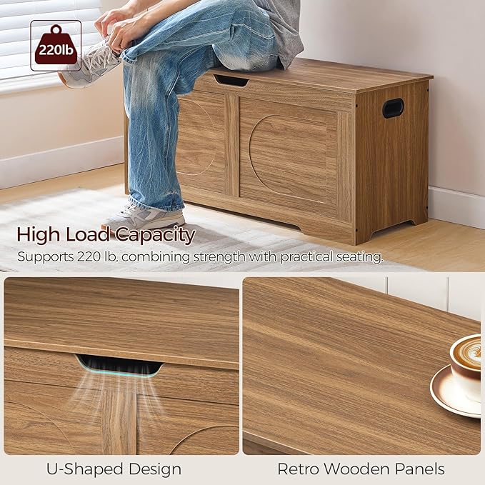 Storage Chest, 39.4” Toy Box, Entryway Storage Trunk, Shoe Bench with Storage, Engineered Wood Storage Cabinet with 2 Safety Hinges, Entrance Bench for Living Room, Honey Brown SCOR2001