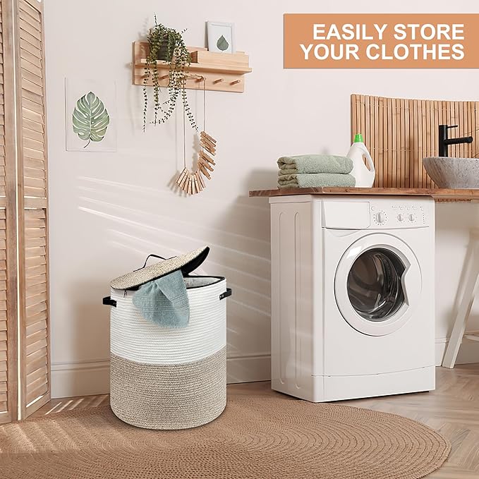 Laundry Hamper with Lid, Large Woven Laundry Basket，Blanket and Toy Storage Basket for Living Room, Bedroom, Bathroom, Nursery (Brown with Zipper, 55L)