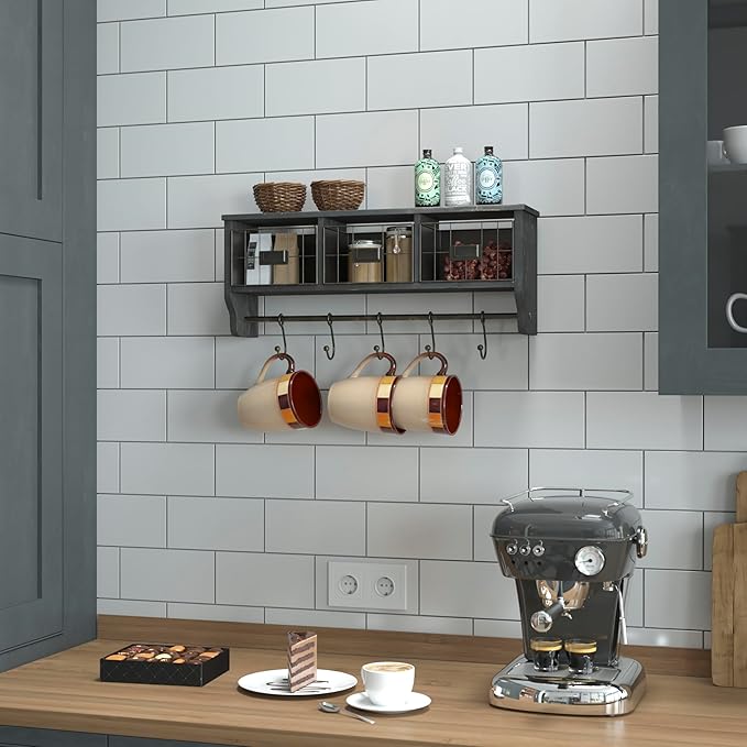 Flash Furniture Daly Wall Mounted Storage Rack - Blackwashed Solid Pine Wood - 24 Inch - Upper Shelf - 5 Hooks - Wire Baskets - For Entryway, Kitchen, Bathroom