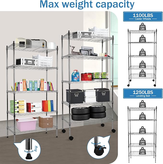 YRLLENSDAN 5-Tier Heavy Duty Storage Shelving Unit, Metal Shelves for Garage, Pantry, Kitchen Organization – Adjustable Wire Rack Shelf Organizer, 60"x30"x14", 1250lbs, Chrome