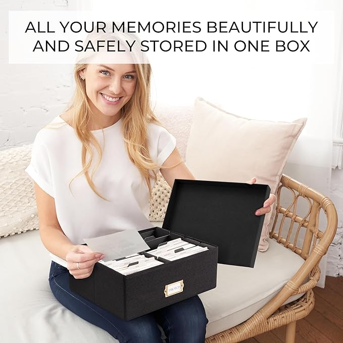 ZICOTO Decorative Photo Storage Box - Sturdy Linen Photo Organizer with Dividers is Perfect to Store Up to 1700 Pictures and 4x6 Photos - Portable Scrapbook Storage Containers with Lid