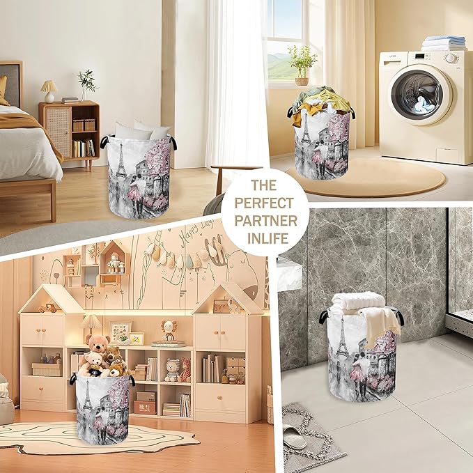 Laundry Hamper,Eiffel Tower Laundry Basket,Pink Flowers Portable Collapsible Laundry Room Organization Storage for Dorm Room,Nursery,Bathroom,Bedroom,16x20 Inch