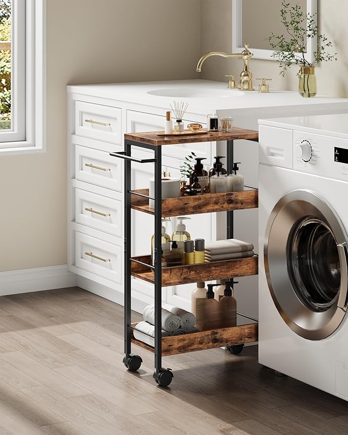 4-Tier Slim Storage Cart, 9.1'' Kitchen Serving Trolley, Slim Rolling Cart with Handle and Guard Rails, Slim Cabinet for Small Spaces, for Dining Room, Rustic Brown and Black TTC03BF