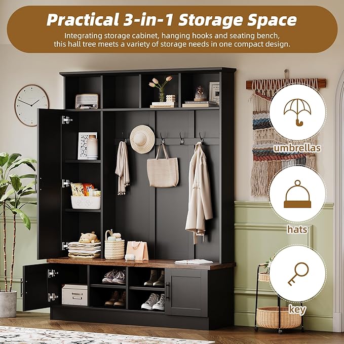 Versatile 3-in-1 Hall Tree with 6 Hooks, Farmhouse Walnut Storage Bench with Adjustable Shelves, 55" W Entryway Coat Rack with Multiple Storage Space for Mudroom, Living Room (Black-7)