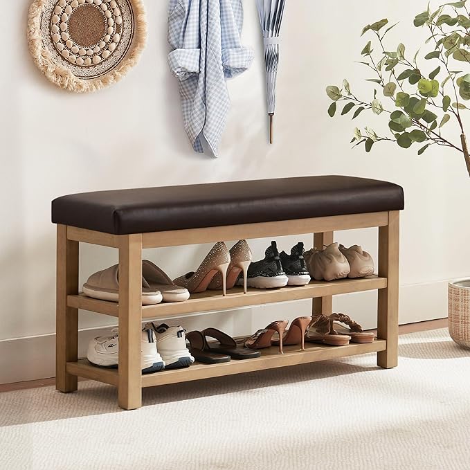 Shoe Rack Bench with Leather Cushion, 2 Tier Solid Wood Storage Bench, Mid-Century Modern Shoe Bench for Entryway, Hallway, Closet, Front Door Entrance, Foyer (Dark Brown, 39.4")