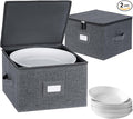 popoly China Storage Containers Hard Shell Inside 12" W x 8" H, Dinner Plate Storage Containers for Dishes, Dinnerware with 24 Felt Dividers, Hold 24 Plates, Stackable (2 Pack Grey)