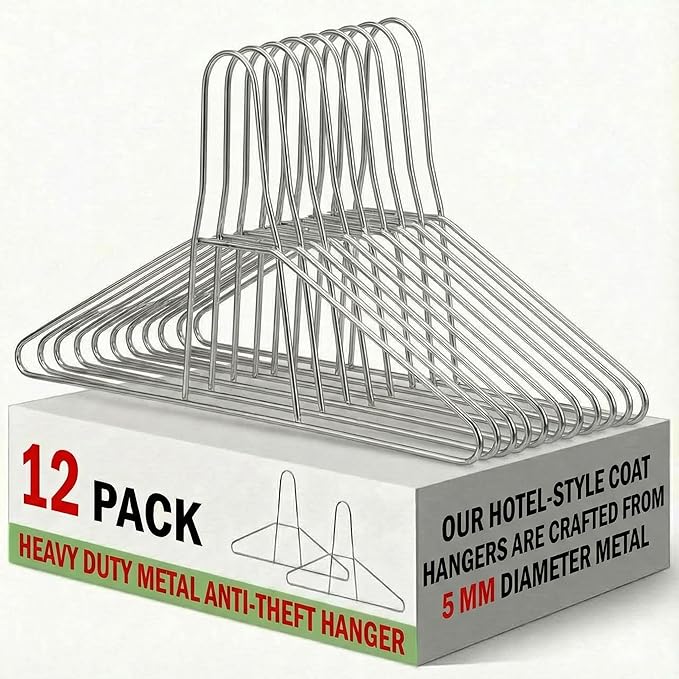 Leinuosen 12 Pack 17 Inch Heavy Duty Metal Anti-theft Hanger Stainless Steel Wire Security Clothes Hangers for Suits, Coats, Jackets, Anti-theft Security Chrome Hangers for Hotel, Gyms, Retail and RVs