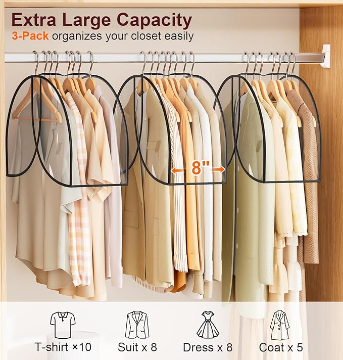 MISSLO 8" Gusseted Shoulder Cover 3-Pack Wide Garment Covers for Clothes Storage Clear Plastic Clothes Cover for Hanging Dustproof Clothes Protectors for Hanging Clothes for Suits, Shirts, Coats
