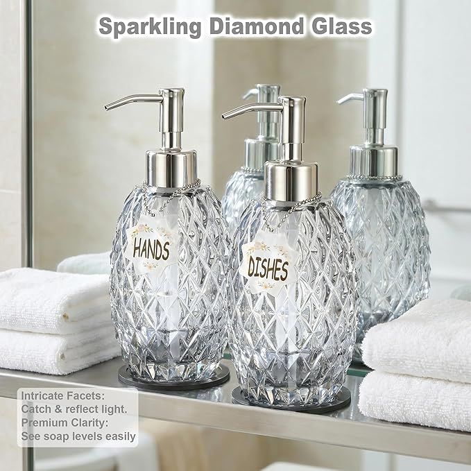 MALACHI Soap Dispenser Set, Crystal-Textured Diamond Glass with Rustproof Stainless Steel Pump, Dual-Labelled Hand & Dish Soap Dispenser for Kitchen & Bathroom
