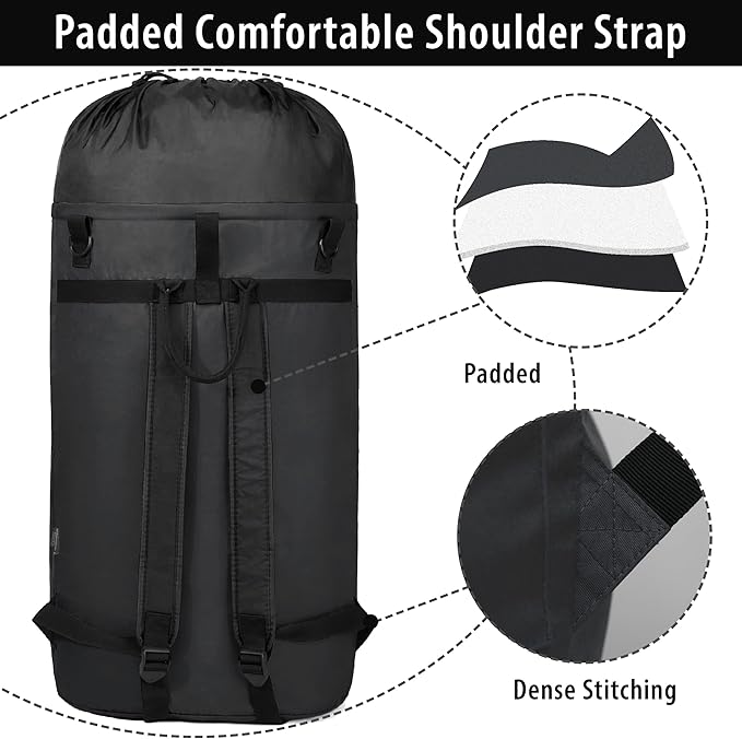 BeeGreen Black-Laundry-Bag-Backpack-Extra-Large-Heavy-Duty, 125L Portable Travel Laundry Backpack with Shoulder Straps & Extendable Clothes Hamper 3 Pockets for Dorm Apartment