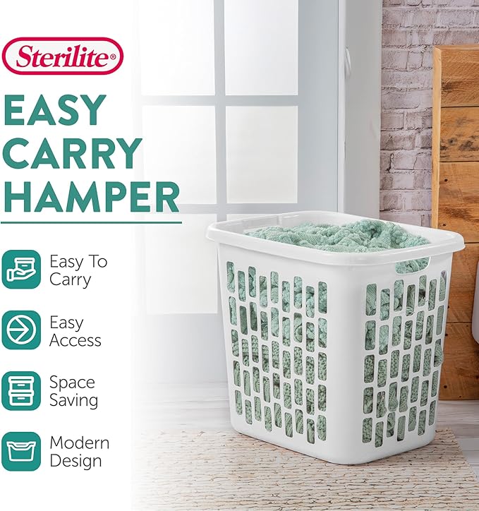 Sterilite Ultra Easy Carry Plastic Dirty Clothes Laundry Basket Hamper with Integrated Handles and Ventilation Holes, White (12 Pack)