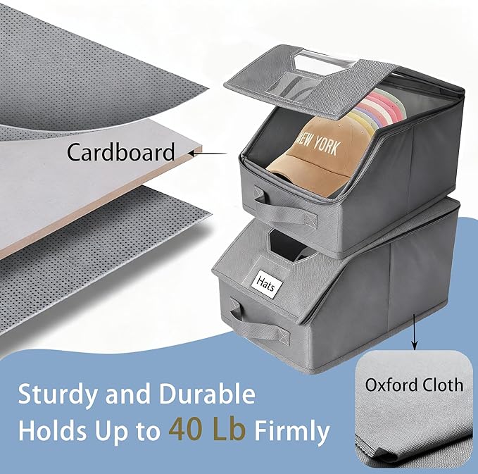 2 Pcs Stackable Baseball Cap Organizer, Washable Odorless Oxford Cloth with Smooth Durable Metal Zipper, Clear Window Holds 24 Caps, Hat Box for Closet/Home (Grey, Small 12.1 x 8.7 x 6.7 inches)