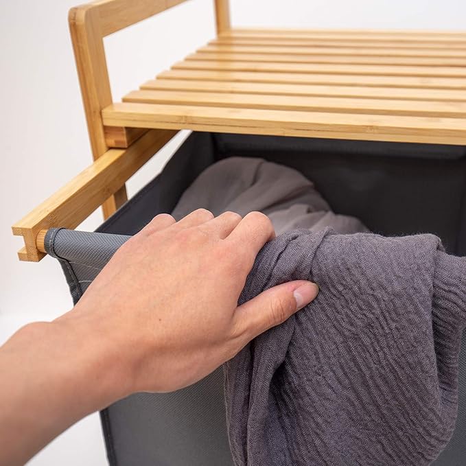 Bamboo Laundry Hamper and Shelf, 2 Sections Basket with Removable Liner, Dual Compartments Organizer and Storage, Wooden Sorter with Sliding Handles