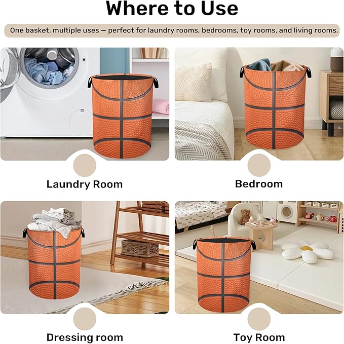 Basketball Laundry Basket with Handles - Extra Large Foldable Hamper for Bathroom/Laundry/Bedroom/Dorm, Washable Fabric Storage Bin