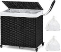 GOFLAME Laundry Hamper with Lid and Wheels, 125L Hand Woven Rattan Laundry Basket with 3 Divided Sections, Handles, 2 Removable and Washable Liner Bags, Dirty Clothes Hamper for Bedroom (Black)