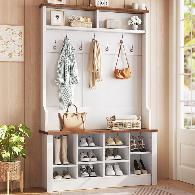 Itaar Hall Tree with Bench and Shoe Storage, 3-in-1 Entryway Bench with Coat Rack, Hall Tree with Adjustable Shoe Storage and Hanging Hooks, White and Brown (White and Brown)