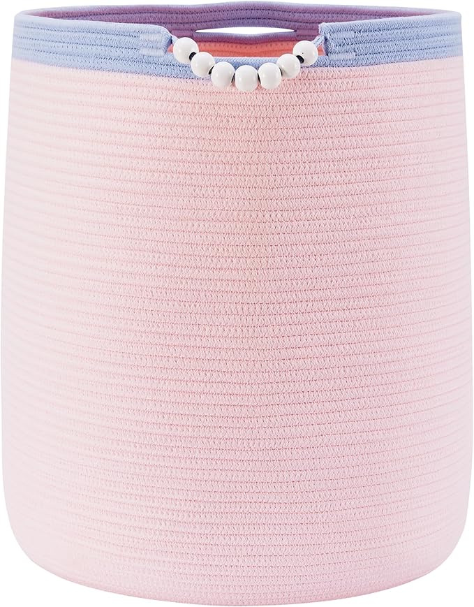 90L Large Pink Woven Rope Laundry Hamper Basket for Clohtes Boho Tall Rope Baskets for Blanket Baby Nursery Hamper for Girls Kids 17"Wide 22"Tall