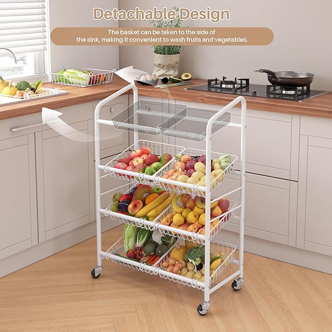 UMDONX Fruit Basket Storage Cart with 8 Baskets and Wheels – Rolling Metal Kitchen Organizer for Fruits, Vegetables, Snacks & Pantry – Space-Saving Multi-Purpose Storage Rack for Home & Apartment