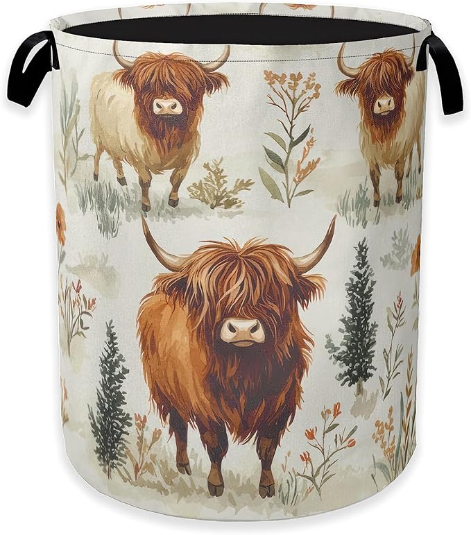 Laundry Hamper,Highland Cow Laundry Basket,Farmhouse Watercolor Flower Portable Collapsible Laundry Room Organization Storage for Dorm Room,Nursery,Bathroom,Bedroom,16x20 Inch