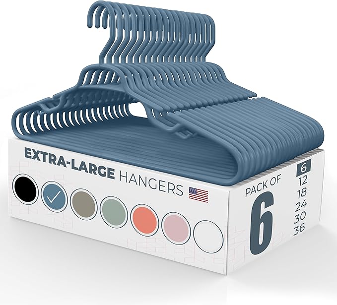 Neaties Large & Wide Heavy Duty Clothes Hangers 6 Pack – Made in USA – Ideal for Plus Size Clothing – 10lb Plastic Hangers with Notches for Oversized Adult Coats & Pants – Blue