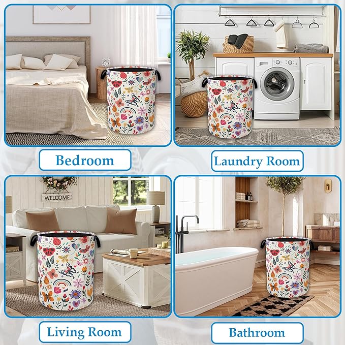 Colorful Butterfly Flowers Laundry Basket Collapsible Laundry Hamper Clothes Toy Storage Bin for Bathroom Bedroom Room Decor 16" X 20.8"