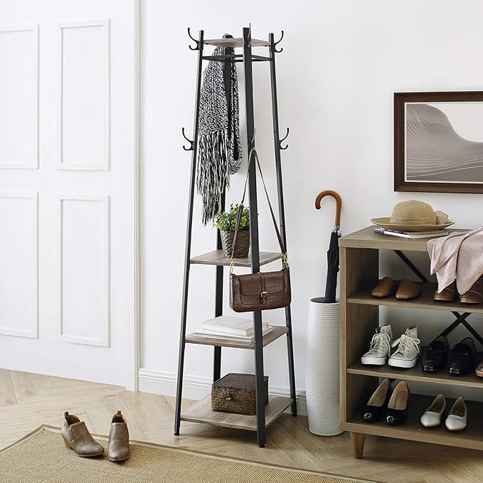 VASAGLE Coat Rack, Coat Stand with 3 Shelves, Hall Tree Free Standing with Hooks for Scarves, Bags, Umbrellas, Steel Frame, Industrial Style, for Entryway, Living Room, Greige and Black ULCR080B02